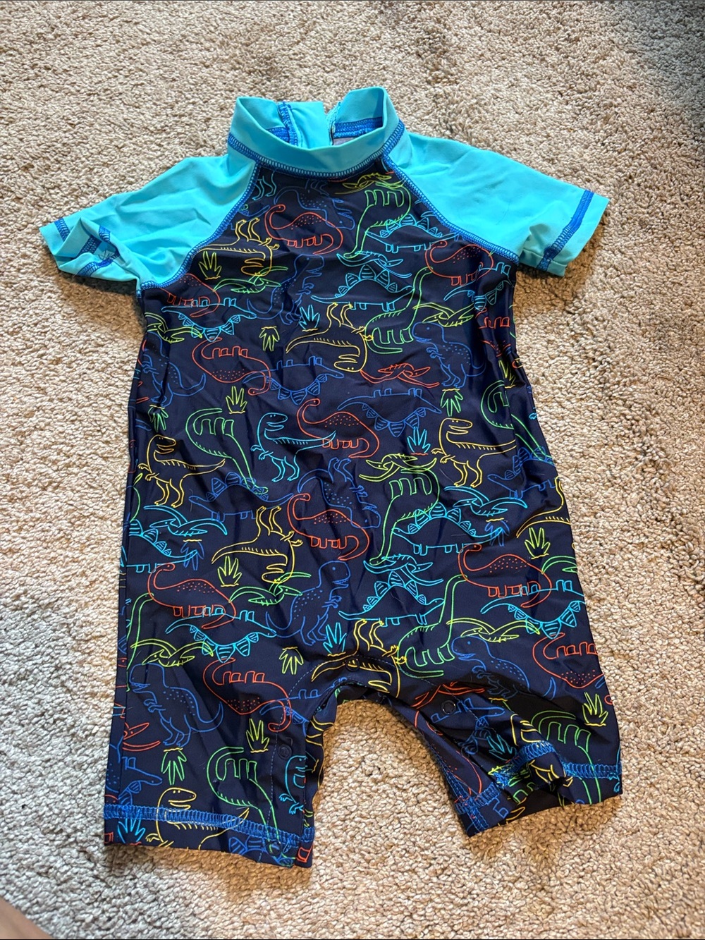 Little Me Kids Short-Sleeve Rash Guard Swimsuit - Navy Dino with Aqua Sleeves